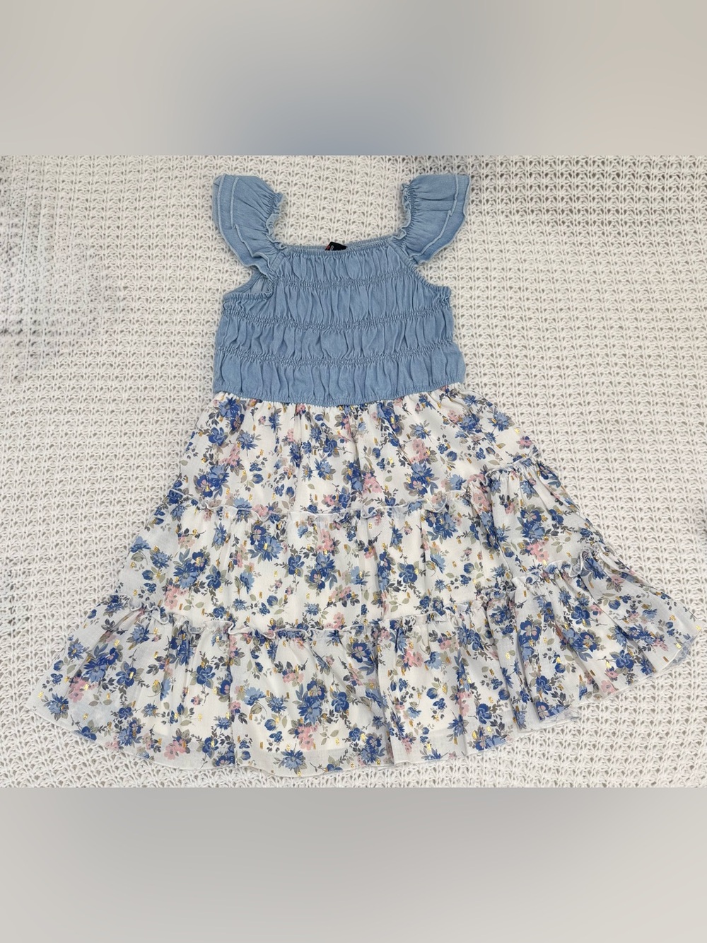 Lilt girls smocked mixed-media dress in blue/ivory size 14.5